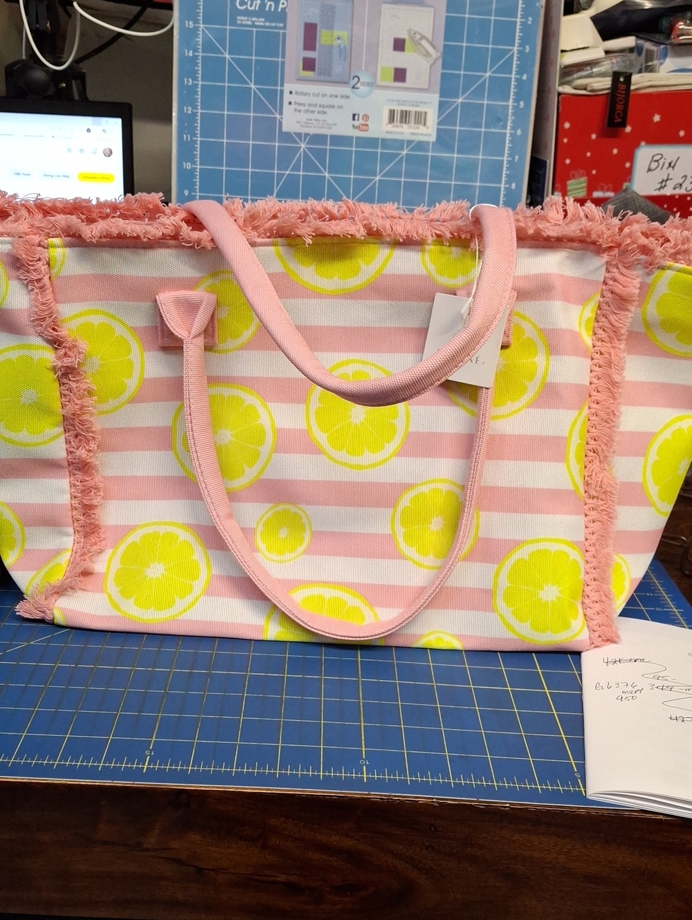 Styline Pink Lemon Fringe Trim Print Tote Bag 14.5"x11.5"x 7" NWT